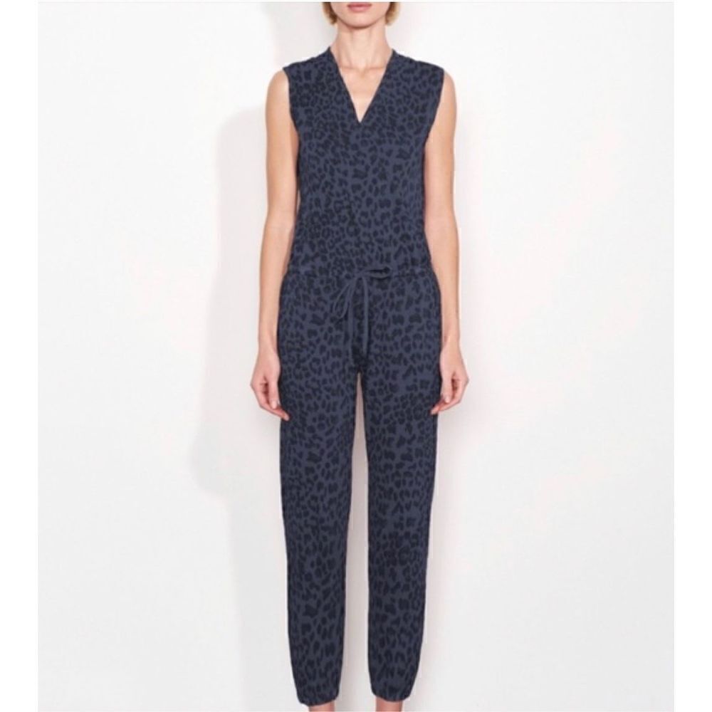 Sundry Navy Sleeveless Leopard Wrap Jumpsuit Romper
